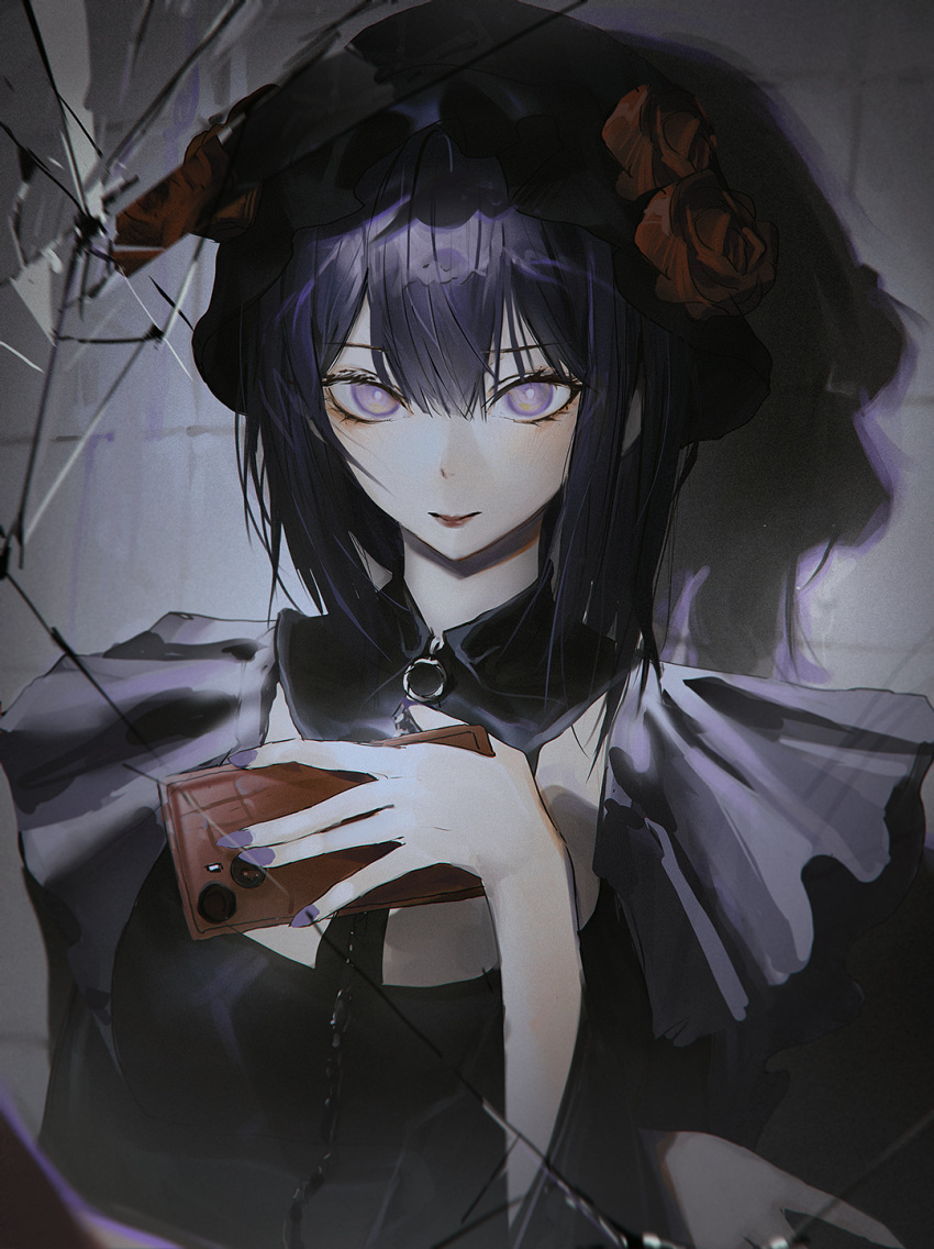 1girl, black_dress, black_hair, broken_mirror, closed_mouth, commentary, dress, goth_fashion, grey_eyes, hair_between_eyes, highres, holding, holding_phone, kitagawa_marin, lengy_(user_haec8585), light_blush, looking_at_viewer, medium_hair, mirror, nail_polish, phone, purple_nails, reflection, selfie, sono_bisque_doll_wa_koi_wo_suru, symbol-only_commentary, upper_body