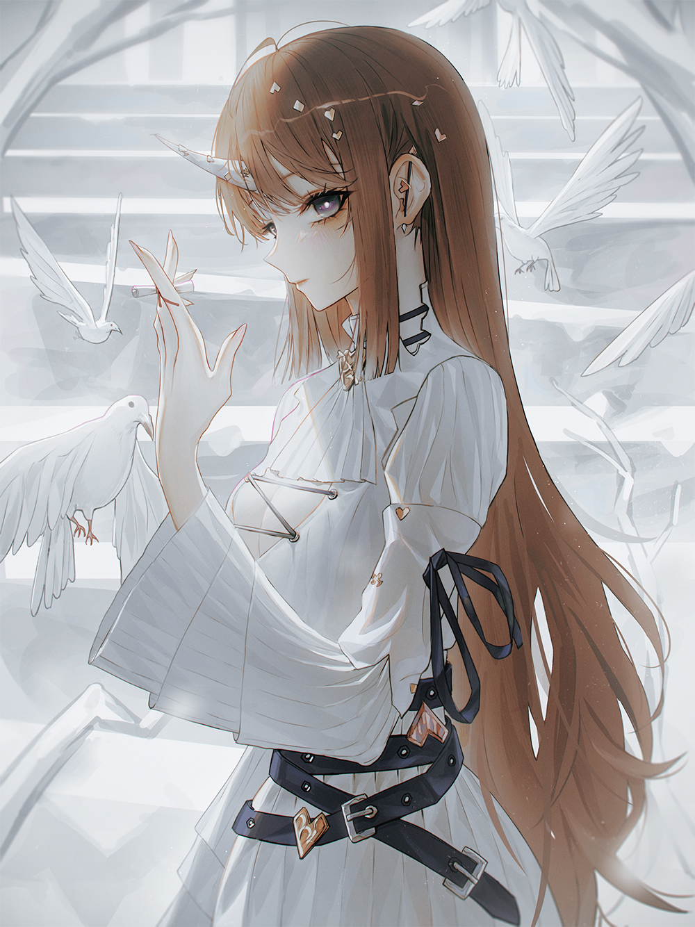 1girl, belt, bird, brown_hair, closed_mouth, commentary, dress, grey_eyes, highres, lengy_(user_haec8585), light_blush, long_hair, long_sleeves, looking_at_viewer, original, solo, stairs, standing, symbol-only_commentary, too_many, too_many_belts, unicorn_horn, upper_body, white_bird, white_dress