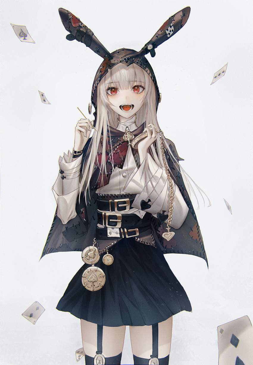 1girl, animal_ears, belt, black_skirt, black_thighhighs, blonde_hair, card, commentary