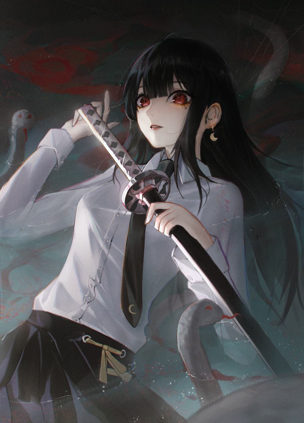 1girl, black_hair, black_necktie, black_skirt, commentary, highres, holding, holding_sword