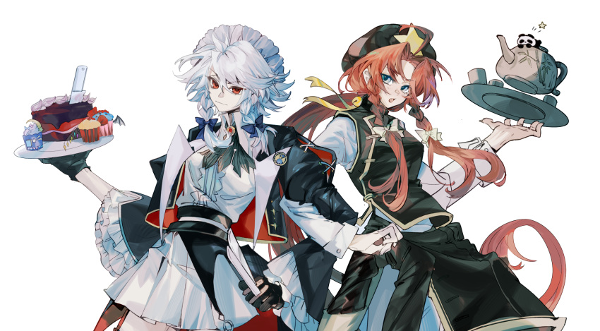 2girls, adapted_costume, ascot, bell, beret, black_ascot, black_gloves, black_jacket, blue_bow, blue_eyes, bow, braid, brooch, cake, character-themed_food, clothes_around_waist, collared_shirt, cowboy_shot, crescent, cup, cupcake, dress, flandre_scarlet, food, frilled_sleeves, frills, gloves, green_hat, green_vest, hair_bell, hair_ornament, hand_up, hat, hat_ornament, highres, hong_meiling, izayoi_sakuya, jacket, jacket_around_waist, jewelry, juliet_sleeves, knife, locked_arms, long_hair, long_sleeves, looking_at_viewer, maid_headdress, multiple_girls, open_clothes, open_jacket, open_mouth, orange_hair, panda, parted_bangs, patchouli_knowledge, plate, ponytail, puffy_sleeves, red_eyes, remilia_scarlet, shirt, simple_background, star_(symbol), star_hat_ornament, teapot, touhou, twin_braids, very_long_hair, vest, white_background, white_dress, white_hair, white_shirt, xian_qishui