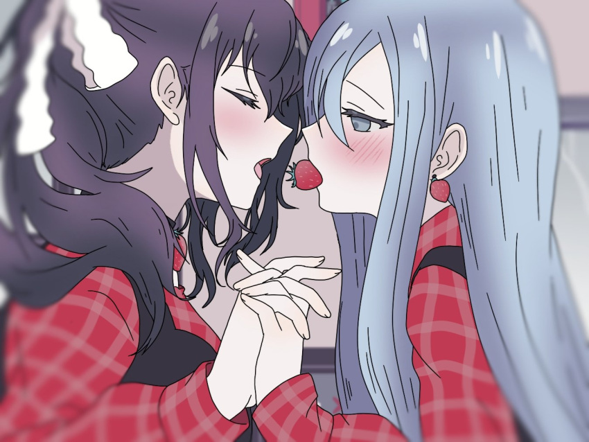 2girls, asahina_mafuyu, blue_eyes, blue_hair, blurry, blurry_background, blush, closed_eyes, commentary, cutlery_(vocaloid), earrings, facing_another, food, food-themed_earrings, food_in_mouth, fruit, holding_hands, interlocked_fingers, jewelry, light_blue_hair, lisayuki10v3, long_hair, long_sleeves, looking_at_another, multiple_girls, open_mouth, plaid_clothes, ponytail, project_sekai, purple_hair, sidelocks, strawberry, strawberry_earrings, symbol-only_commentary, upper_body, yoisaki_kanade, yuri