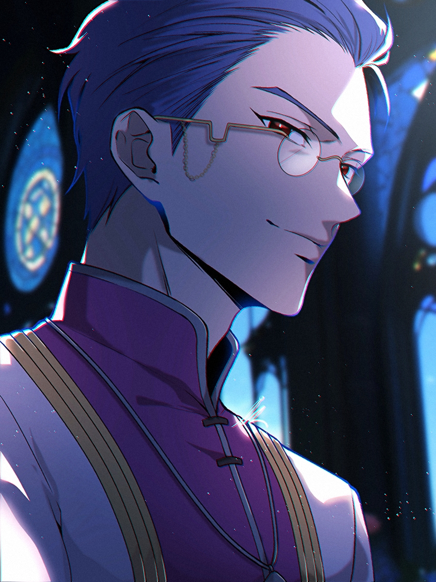 1boy, blue_hair, church, closed_mouth, eiyuu_densetsu, eyewear_strap, georg_weissmann, glasses, hair_slicked_back, high_collar, highres, il_(il_suffered), jewelry, light_particles, looking_at_viewer, male_focus, moonlight, necklace, night, portrait, purple_shirt, red_eyes, rimless_eyewear, round_eyewear, shirt, short_hair, solo, sora_no_kiseki, stained_glass