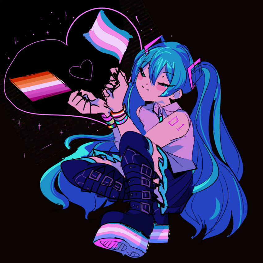 1girl, black_skirt, black_thighhighs, blue_eyes, blue_hair, blush, closed_mouth, commentary