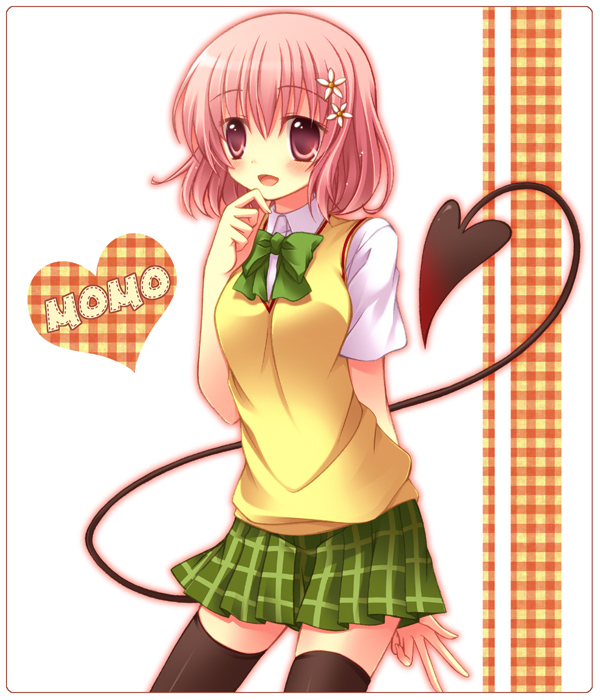 black_legwear, black_thighhighs, blush, flower, hair_flower, hair_ornament, long_tail, momo_velia_deviluke, open_mouth, panda005, pink_eyes, pink_hair, school_uniform, skirt, solo, tail, thigh-highs, thighhighs, to_love-ru, to_love-ru_darkness, toloveru, toloveru_darkness
