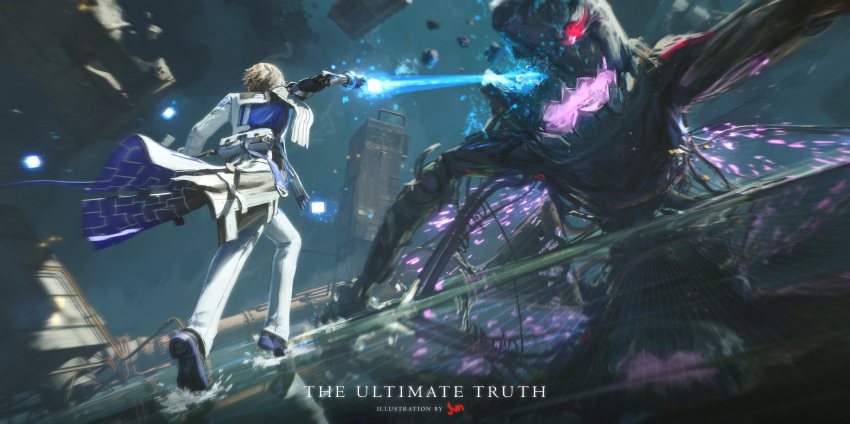 1boy, absurdres, artist_name, blue_shirt, brown_hair, coat, coattails, commentary