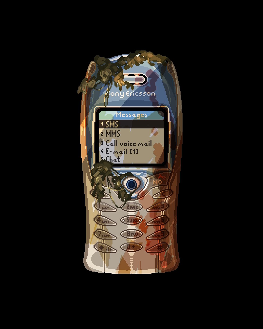 black_background, blood, blood_stain, cellphone, english_text, fungi, highres, keypad