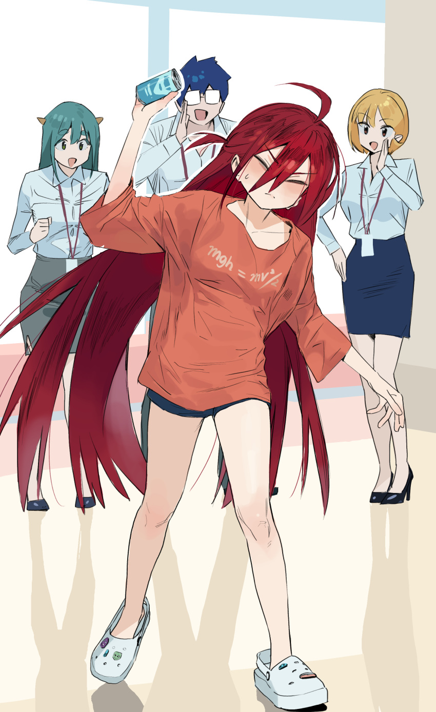 1girl, absurdres, blonde_hair, chaucer_(some1else45), green_hair, highres, hipa_(some1else45), horns