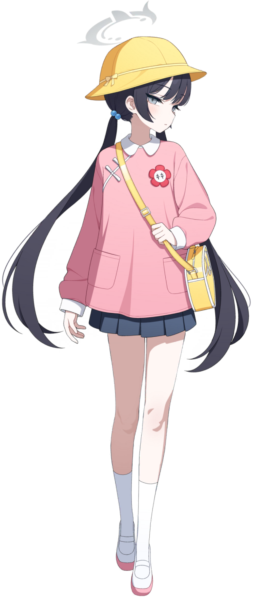 1girl, bag, black_hair, blue_archive, blue_skirt, blush, character_name, closed_mouth
