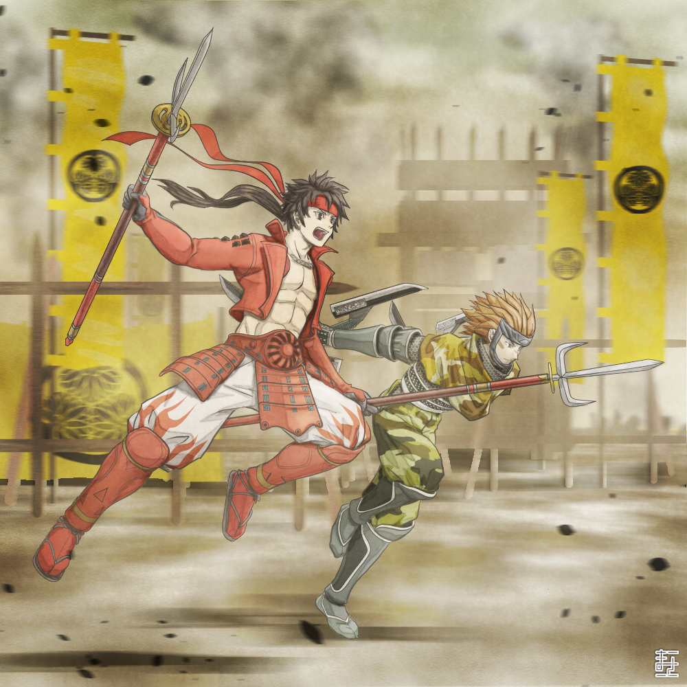 2boys, armor, arms_behind_back, banner, black_gloves, brown_hair, camouflage, dual_wielding