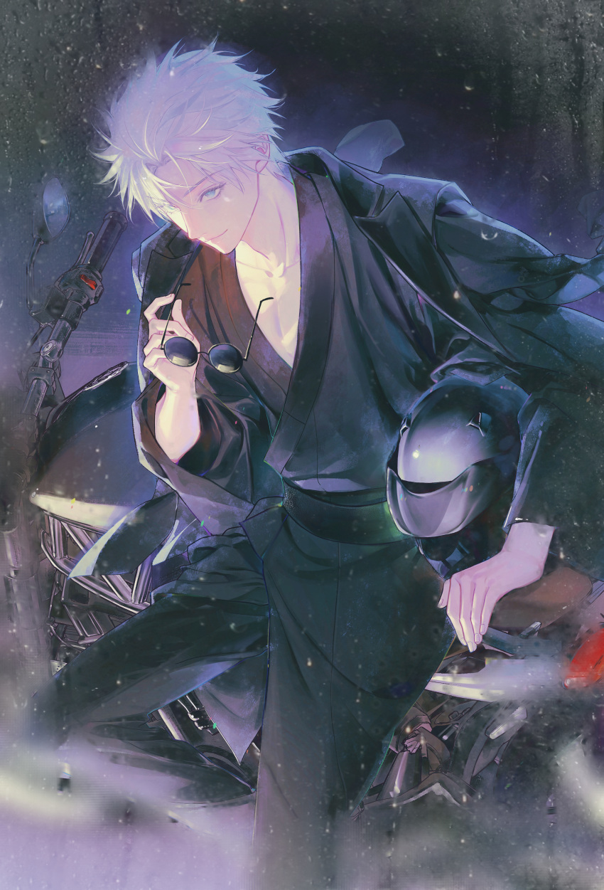 1boy, absurdres, arm_support, black_jacket, black_pants, blue_eyes, blurry, collarbone, commentary_request, cowboy_shot, fogged_glasses, from_side, gojou_satoru, grey_hair, helmet, highres, holding, holding_removed_eyewear, jacket, jacket_on_shoulders, japanese_clothes, jujutsu_kaisen, kimono, motor_vehicle, motorcycle, night, original, outdoors, pants, short_hair, sitting, smile, solo, unworn_eyewear, water, white_hair, zararol