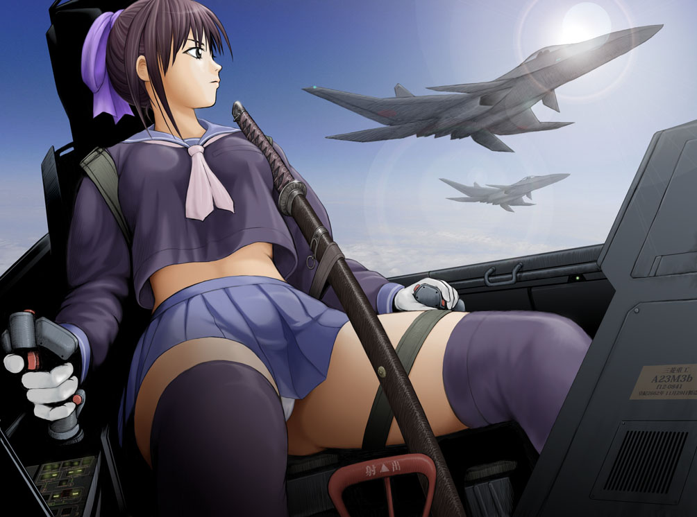 aircraft, cockpit, densan_rengou_kantai_teitoku_ouka, flying, gloves, jet, katana, kikka_(ouka_teitoku), military, school_uniform, serafuku, skirt, sky, sun, sword, thighhighs, touge_takanori, weapon