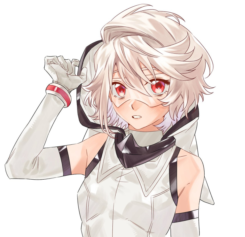 1girl, bare_shoulders, elbow_gloves, eye_mask, gloves, heart-shift_bracelets, highres, hooded_leotard, jiguang_haibao, leotard, parted_lips, red_eyes, shy_(character), shy_(series), simple_background, teeth, white_background, white_gloves, white_hair, white_leotard