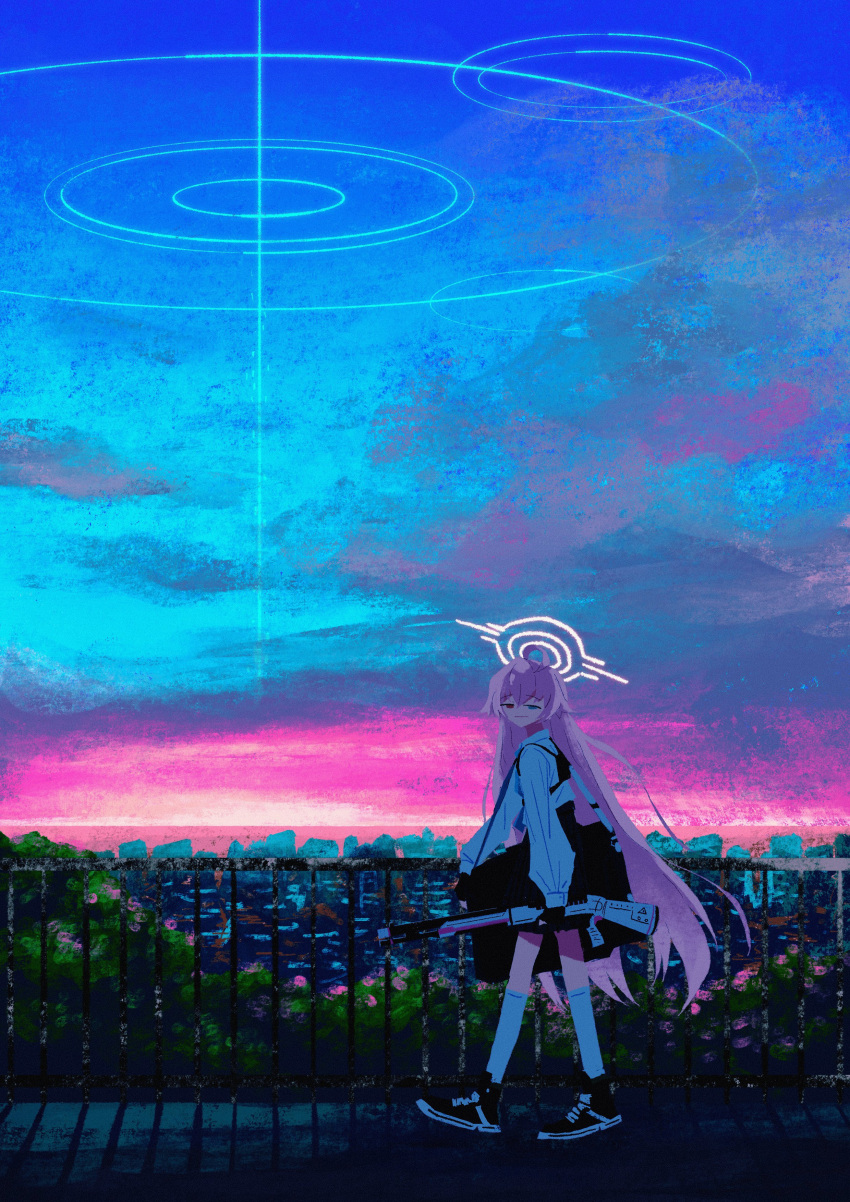 1girl, absurdres, ahoge, beretta_1301, blue_archive, blue_eyes, clouds, gradient_sky, gun, gun_sling, halo, heterochromia, highres, hoshino_(blue_archive), kneehighs, long_hair, outdoors, pink_hair, railing, sakutaro_(39ar_39ca), scenery, shirt, shoes, shotgun, skirt, sky, sneakers, socks, solo, sunset, weapon, white_shirt, white_socks