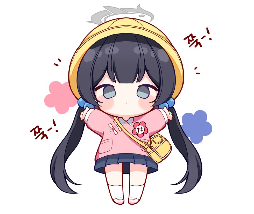 1girl, bag, black_hair, blue_archive, blue_skirt, blush, center-flap_bangs, character_name