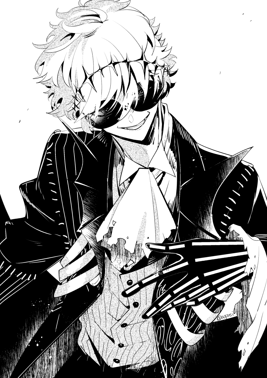 1boy, bat_wings, bishounen, black_crown, black_gloves, crown, dress_shirt, formal, gloves, highres, jack_skellington, jacket, long_sleeves, male_focus, monochrome, pinstripe_pattern, pinstripe_suit, ribs, round_eyewear, shirt, short_hair, simple_background, skeleton, smile, smirk, solo, soranoao, stitches, striped_clothes, striped_jacket, suit, sunglasses, the_nightmare_before_christmas, twisted_wonderland, white_hair, wings