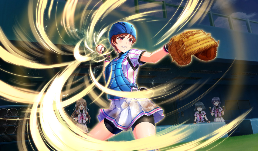 4girls, aura, ball, baseball, baseball_(object), baseball_helmet, baseball_mitt, baseball_stadium