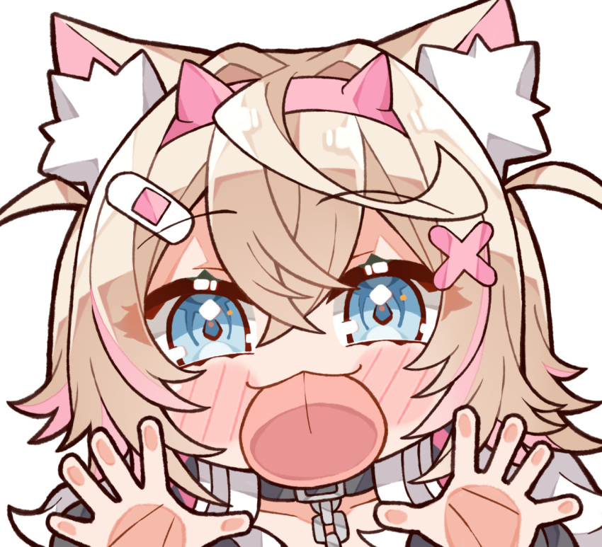 1girl, against_fourth_wall, animal_ear_fluff, animal_ears, bandaid, bandaid_hair_ornament, black_collar, black_jacket