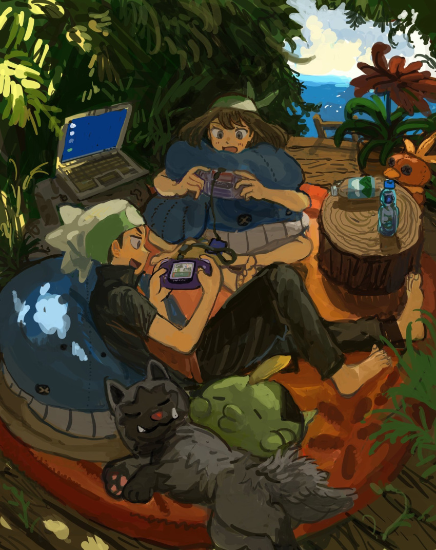 1boy, 1girl, bandana, barefoot, bean_bag_chair, beanie, black_hair, blush