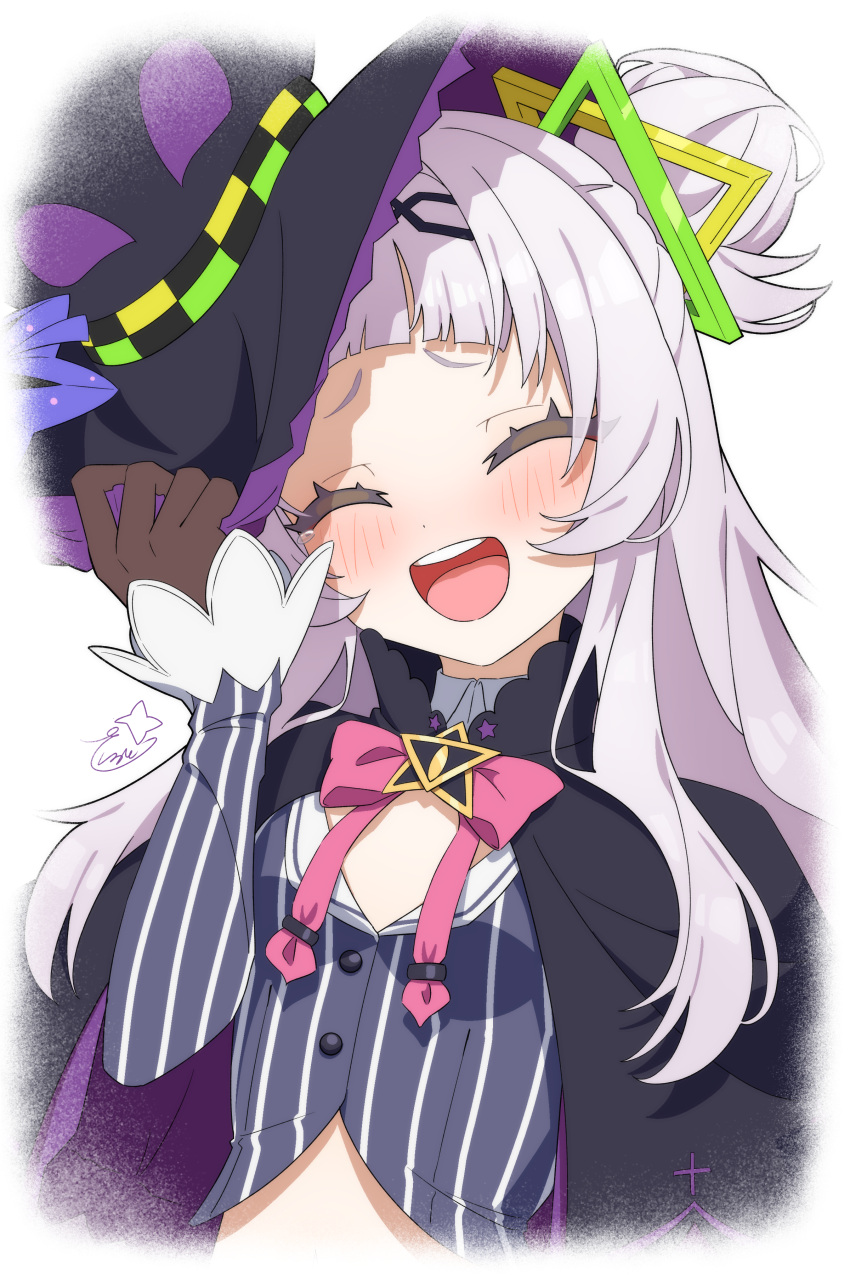 1girl, absurdres, black_hat, blush, brown_gloves, closed_eyes, gloves, grey_hair, grey_shirt, hair_bun, hat, highres, hololive, long_hair, murasaki_shion, murasaki_shion_(1st_costume), open_mouth, shirt, short_eyebrows, sidelocks, smile, solo, striped_clothes, striped_shirt, teeth, upper_teeth_only, vertical-striped_clothes, vertical-striped_shirt, very_long_hair, virtual_youtuber, white_background, witch_hat, zakuro_tora