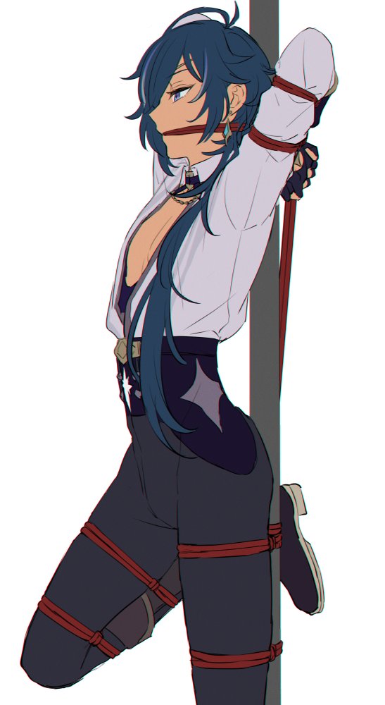 1boy, antenna_hair, arms_behind_head, arms_up, black_corset, black_footwear, black_gloves, blue_eyes