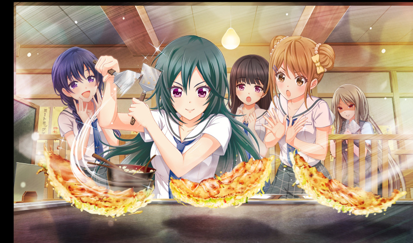 5girls, :d, beads, black_hair, blue_hair, blue_necktie, bow, braid