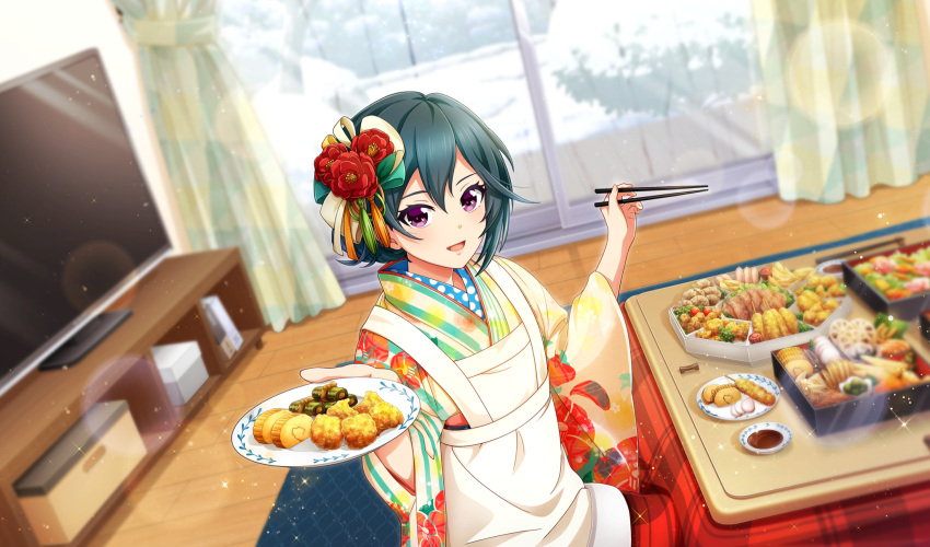 1girl, apron, blurry, chicken_(food), chopsticks, cinderella_series, curtains, datemaki_(food)