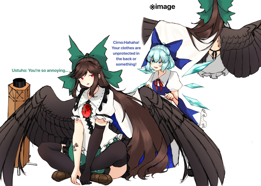 2girls, absurdres, black_gloves, black_thighhighs, blue_eyes, blue_hair, bow, brown_hair, cirno, commentary_request, cosmos_0131, elbow_gloves, english_text, feathered_wings, gloves, green_bow, hair_bow, highres, long_hair, multiple_girls, red_eyes, reiuji_utsuho, shirt, single_glove, thigh-highs, touhou, very_long_hair, white_background, white_shirt, wings