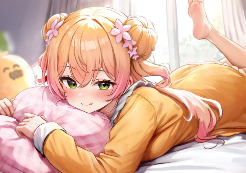 1girl, :q, absurdres, barefoot, bed_sheet, blonde_hair, blurry, blurry_background