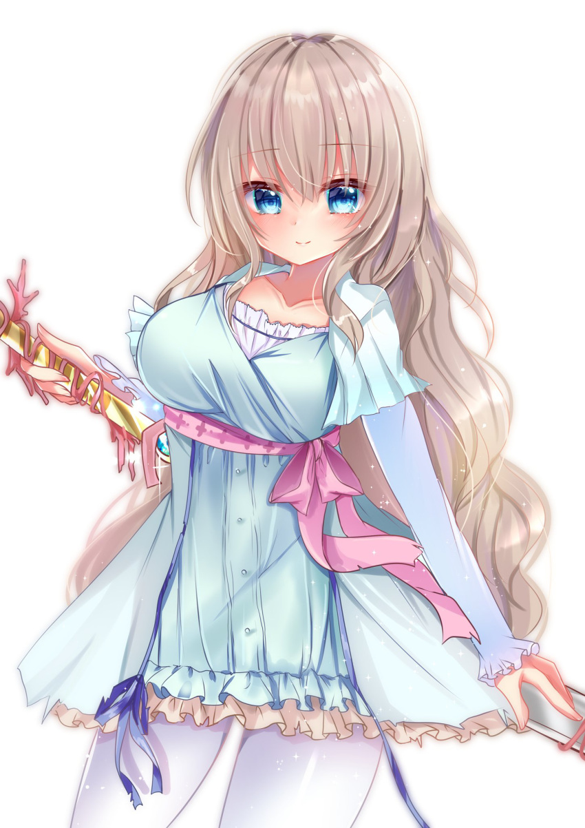 1girl, 9-nine-, blue_dress, blue_eyes, blue_ribbon, blush, bow, breasts