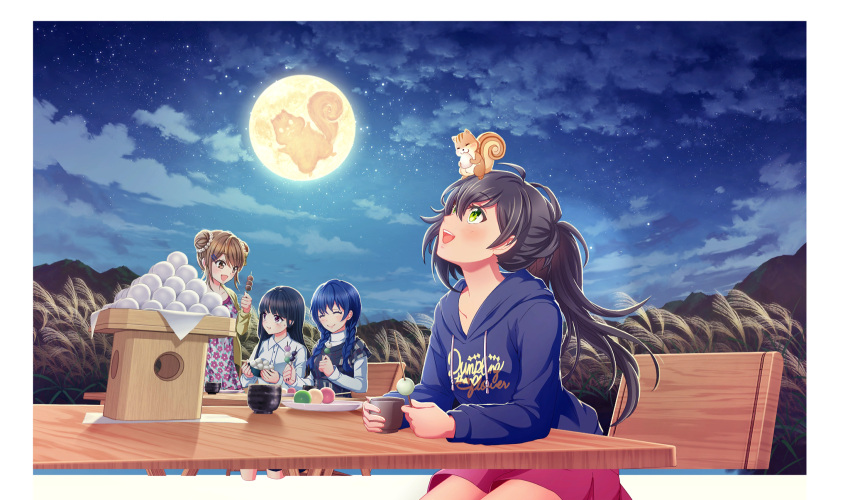 4girls, :d, ^_^, akino_komugi, beads, black_hair, blue_hair, blue_hoodie