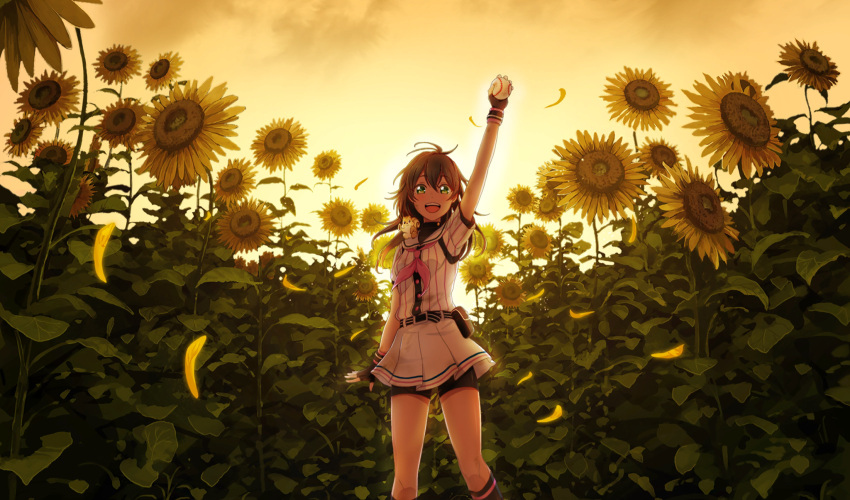 1girl, :d, akino_komugi, arm_up, ball, baseball_(object), baseball_uniform, belt