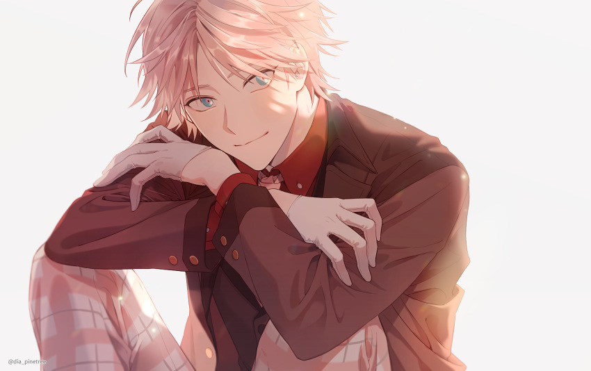 1boy, arm_rest, artist_name, backlighting, birthday, blue_eyes, brown_jacket, buttons, collared_shirt, commentary_request, crossed_bangs, dia_pinetree, dino_albani, gloves, grey_background, helios_rising_heroes, jacket, knees_to_chest, light_blush, long_sleeves, looking_at_viewer, male_focus, necktie, panties, pants, parted_bangs, pink_hair, pink_panties, pink_pupils, plaid_clothes, plaid_pants, red_shirt, shirt, short_hair, simple_background, smile, solo, split_mouth, twitter_username, underwear, upper_body, watermark, white_gloves