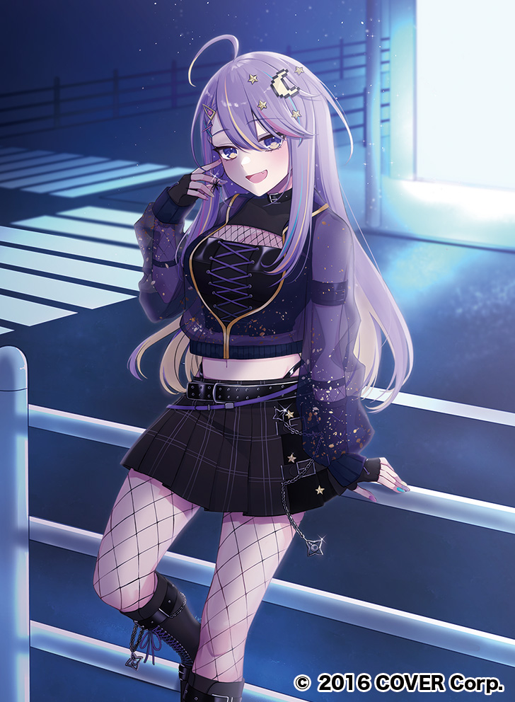 1girl, ahoge, black_gloves, blonde_hair, colored_inner_hair, crescent, crescent_hair_ornament, fang, fingerless_gloves, fishnets, gloves, hair_ornament, hololive, hololive_indonesia, jacket, long_hair, looking_at_viewer, moona_hoshinova, moona_hoshinova_(punk_rock), multicolored_hair, multicolored_nails, navel, official_alternate_costume, official_art, outdoors, panty_straps, purple_hair, ritsu_0o, road, see-through_clothes, see-through_jacket, solo, star_(symbol), star_hair_ornament, starry_hair, street, violet_eyes, virtual_youtuber