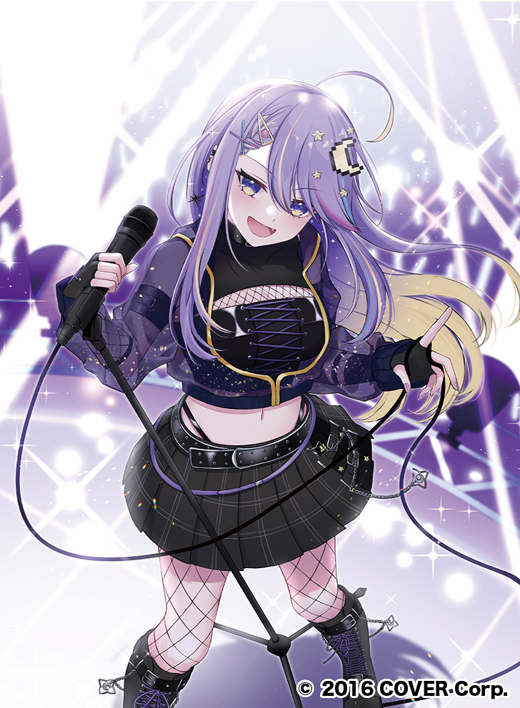 1girl, ahoge, black_gloves, blonde_hair, colored_inner_hair, crescent, crescent_hair_ornament, fang, fingerless_gloves, fishnets, gloves, hair_ornament, holding, holding_microphone, hololive, hololive_indonesia, long_hair, microphone, microphone_stand, moona_hoshinova, moona_hoshinova_(punk_rock), multicolored_hair, navel, official_alternate_costume, official_art, purple_hair, ritsu_0o, solo, stage, stage_lights, star_(symbol), star_hair_ornament, starry_hair, violet_eyes, virtual_youtuber