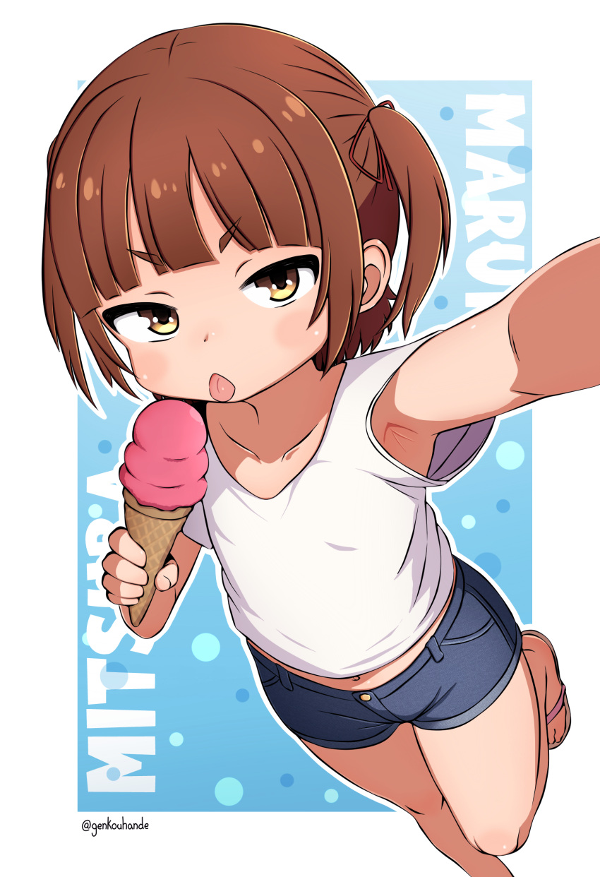 1girl, absurdres, armpit_peek, artist_name, blue_background, blush, border, brown_eyes, brown_hair, character_name, collarbone, denim, denim_shorts, dotted_background, flip-flops, food, genkouhande, gradient_background, highres, holding, holding_ice_cream_cone, ice_cream, ice_cream_cone, looking_at_viewer, marui_mitsuba, mitsudomoe_(manga), navel, outline, sandals, selfie, shirt, short_hair, short_sleeves, shorts, solo, standing, standing_on_one_leg, tongue, tongue_out, v-shaped_eyebrows, white_border, white_outline, white_shirt