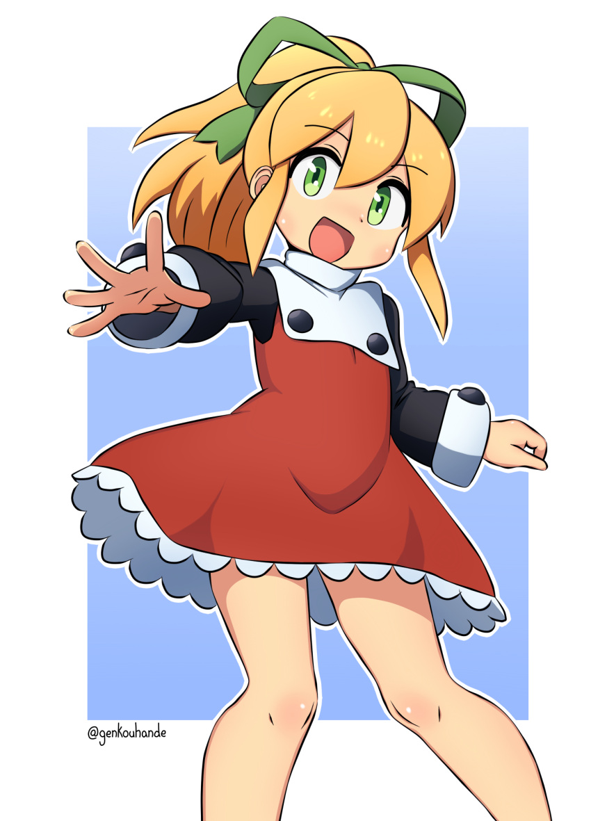 1girl, :d, artist_name, blonde_hair, blue_background, blush, border, cowboy_shot, dress, frilled_dress, frills, genkouhande, gradient_background, green_eyes, green_ribbon, hair_ribbon, highres, loli, long_sleeves, looking_at_viewer, mega_man_(series), open_mouth, outline, ponytail, red_dress, ribbon, roll_(mega_man), smile, solo, spread_fingers, standing, white_border, white_outline