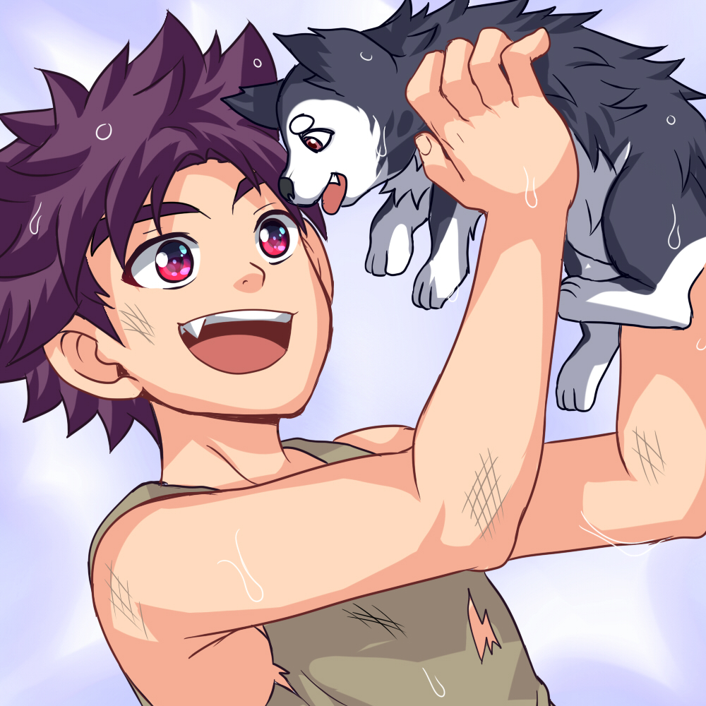 1boy, animal, blue_background, brown_eyes, camp_buddy, dog, eye_contact, fang