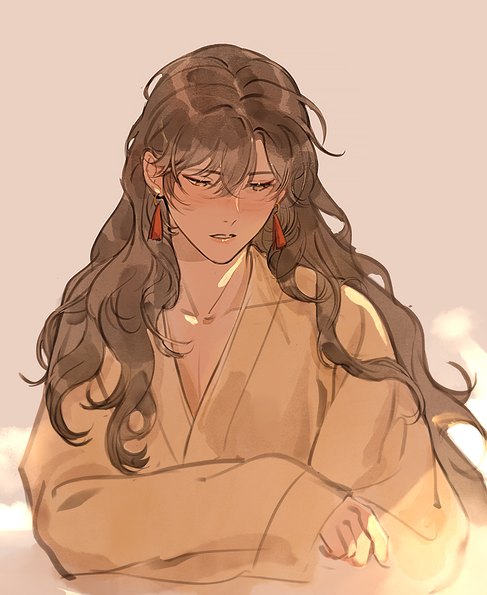 1boy, blush, brown_hair, chinese_clothes, collarbone, crossed_arms, earrings, hair_down