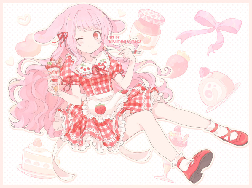 1girl, ;), animal_ears, ankle_socks, ankle_strap, apron, artist_name, blush