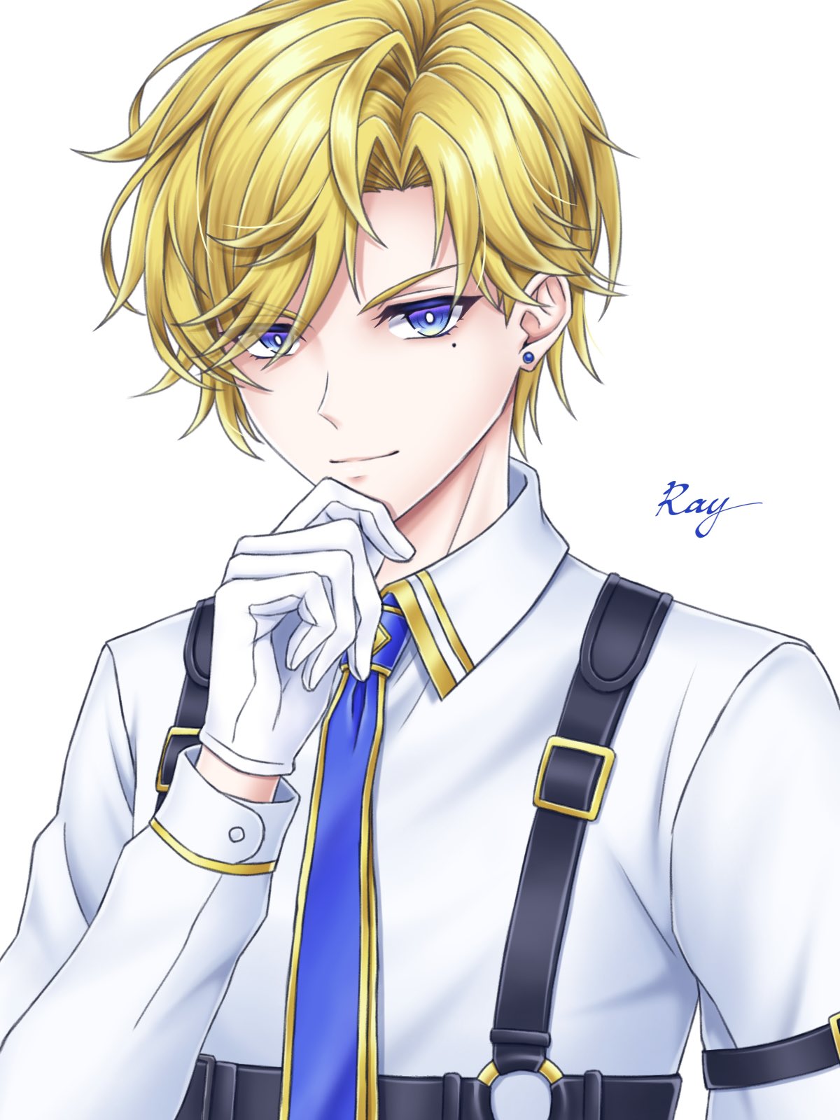 1boy, blonde_hair, blue_eyes, blue_necktie, collared_suit, gloves, highres, light_smile, lyford_(shironeko_project), male_focus, mole, mole_under_eye, necktie, ray_(ray_blue_illust), shironeko_project, signature, solo, white_background, white_gloves