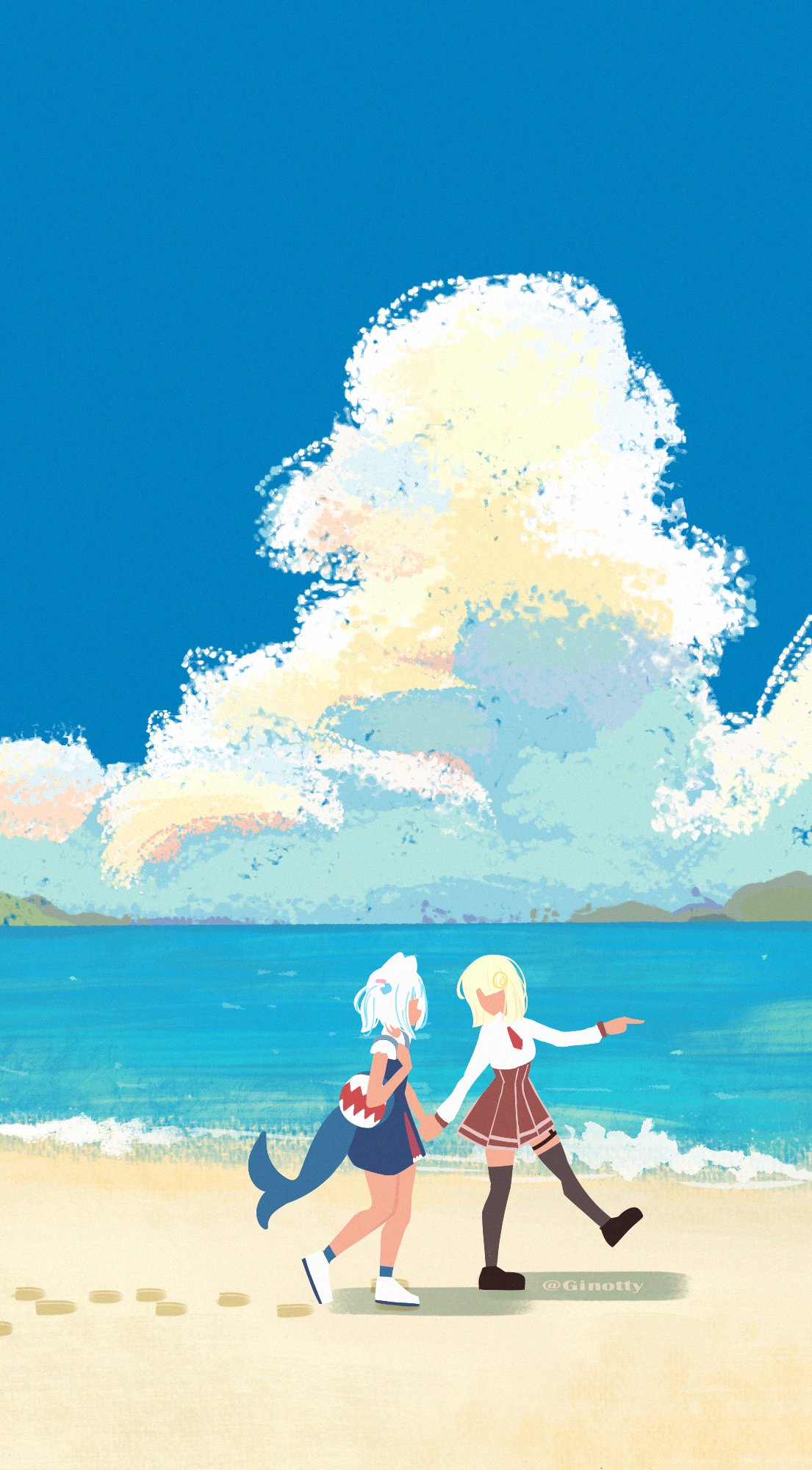 2girls, bag, beach, black_thighhighs, blonde_hair, blue_sky, blue_socks, clouds