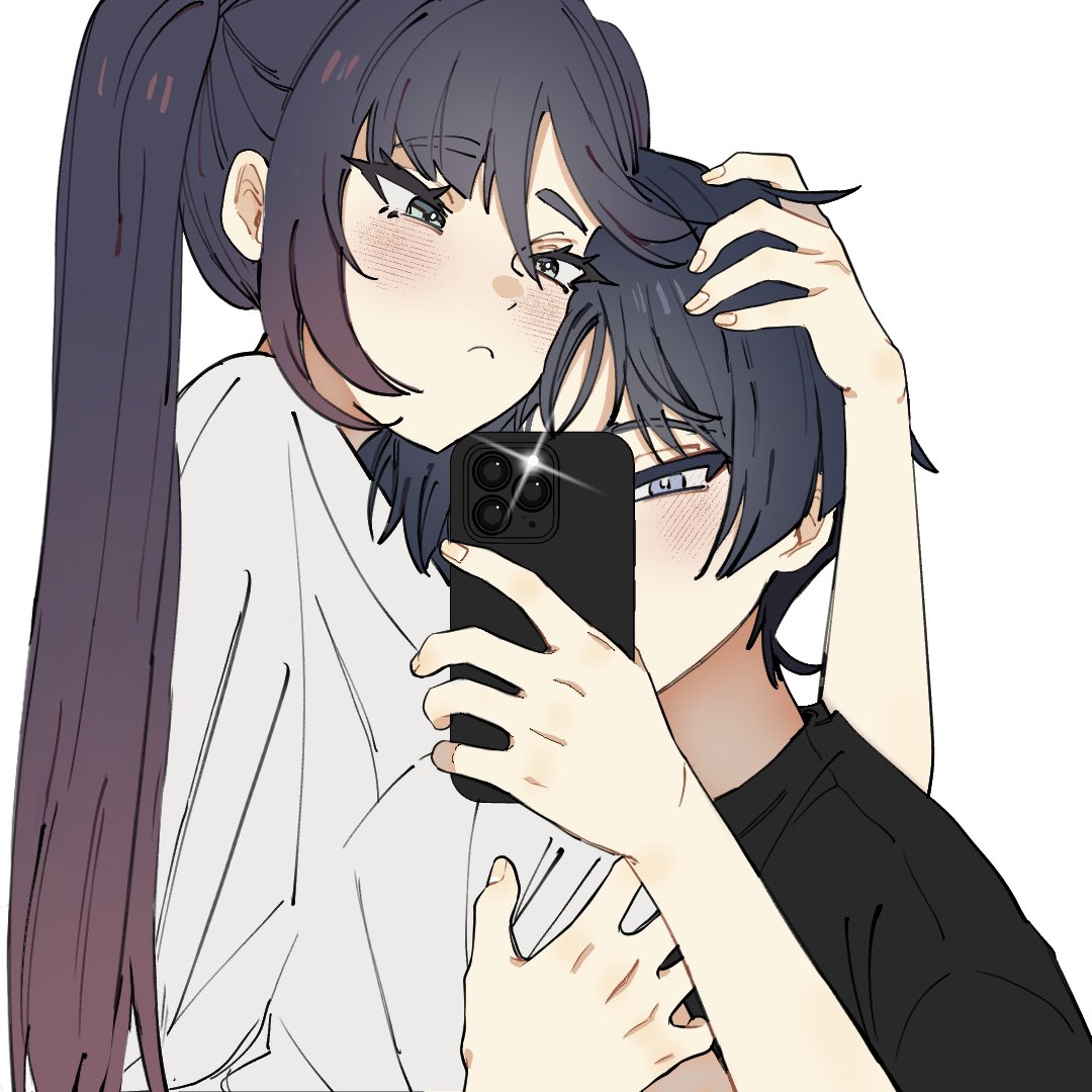 1boy, 1girl, alternate_costume, alternate_universe, black_eyes, black_hair, black_shirt, blunt_bangs, blunt_ends, blush, cellphone, closed_mouth, couple, eyelashes, flashing, genshin_impact, grabbing_another's_arm, gradient_hair, grey_eyes, hair_between_eyes, hand_in_another's_hair, hand_on_another's_head, head_on_another's_shoulder, hetero, holding, holding_phone, long_hair, looking_at_phone, mona_(genshin_impact), multicolored_hair, parted_bangs, phone, pink_hair, possessive, scaramouche_(genshin_impact), shirt, short_eyebrows, side_ponytail, sidelocks, upper_body, white_shirt, ysnden