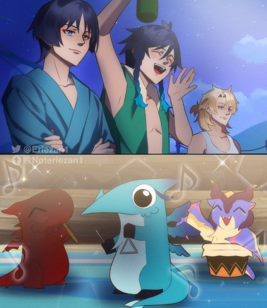 3boys, albedo_(genshin_impact), alternate_costume, antenna_hair, aqua_hair, aqua_kimono, arm_up, armpits