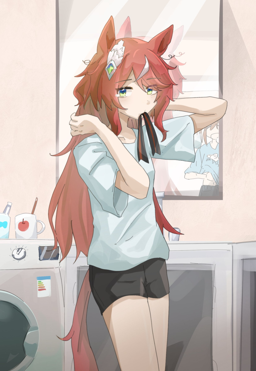 1girl, alternate_costume, alternate_hairstyle, animal_ears, blush, breasts, cheval_grand_(umamusume), commentary_request