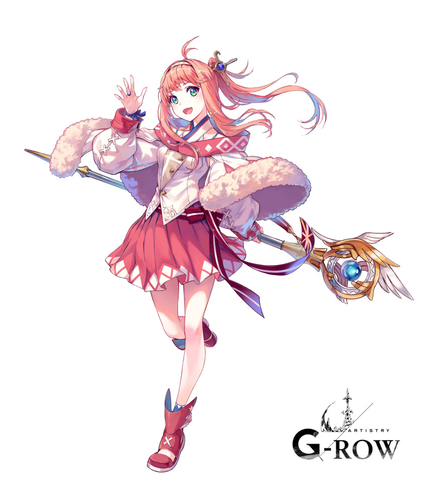 1girl, :d, aged_up, ahoge, blue_eyes, commentary_request, dare_ga_tame_no_alchemist, fang, full_body, green_eyes, hair_ornament, hand_up, highres, holding, holding_staff, jacket, jewelry, lisbeth_finn_lustburg, long_hair, looking_at_viewer, off-shoulder_jacket, off_shoulder, official_art, pink_hair, pleated_skirt, ponytail, red_footwear, red_skirt, ring, rinzo, second-party_source, sidelocks, simple_background, skin_fang, skirt, smile, solo, staff, standing, standing_on_one_leg, white_background, white_jacket