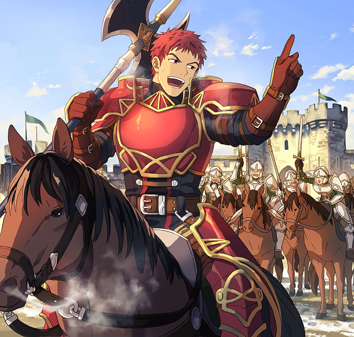 1boy, armor, axe, battle_axe, breath, castle, commentary_request, donta30303, fire_emblem, fire_emblem:_radiant_dawn, gloves, holding, holding_axe, holding_weapon, horse, horseback_riding, kieran_(fire_emblem), male_focus, open_mouth, outdoors, red_armor, red_eyes, redhead, riding, short_hair, sky, snow, solo_focus, weapon
