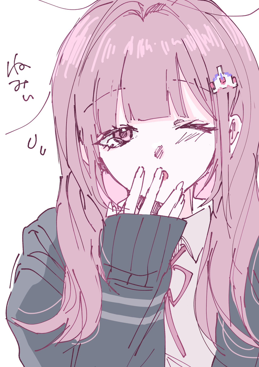 1girl, :o, blush, collared_shirt, danganronpa_(series), danganronpa_2:_goodbye_despair, grey_shirt, hand_up