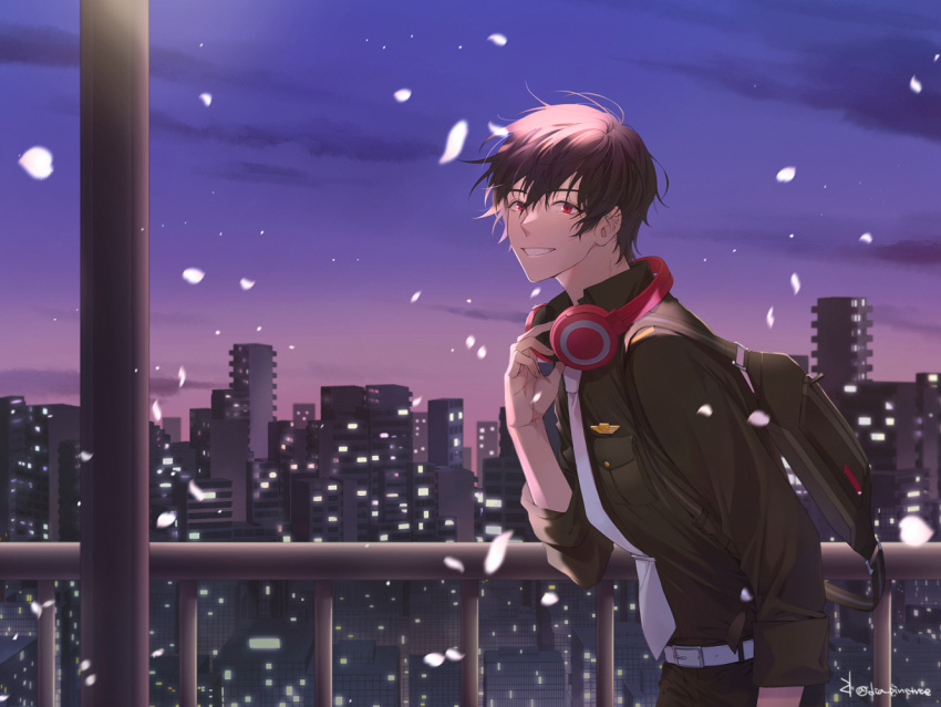 1boy, artist_name, belt, black_bag, black_hair, black_shirt, city_lights, cityscape, cowboy_shot, dia_pinetree, evening, faith_beams, falling_petals, fanny_pack, floating_hair, from_side, grin, hand_up, headphones, headphones_around_neck, helios_rising_heroes, leaning_forward, long_sleeves, looking_at_viewer, looking_back, male_focus, necktie, outdoors, petals, pink_petals, purple_sky, railing, red_eyes, shirt, short_hair, sky, smile, solo, three_quarter_view, turning_head, twitter_username, very_short_hair, watermark, white_belt, white_necktie