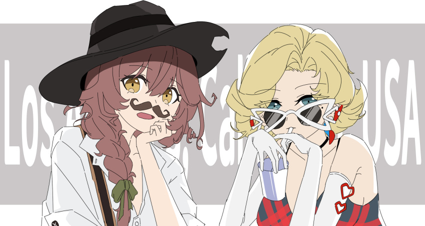 2girls, bare_shoulders, bette_(reverse:1999), black_hat, blonde_hair, blue_eyes, bow, brown_eyes